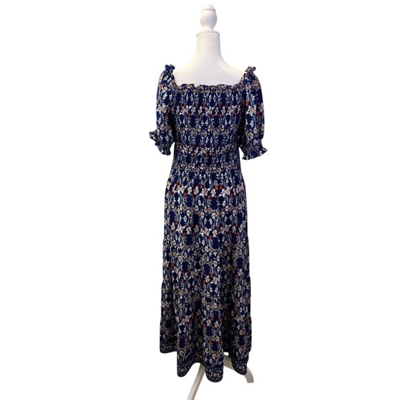 Max Studio Floral Smocked Tiered Hem Boho Maxi Dress Size Large - Picture 2 of 8